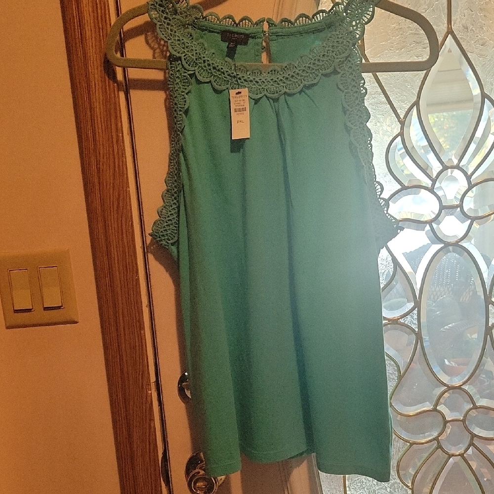 Talbots Green Sleeveless Blouse with Crochet Trim